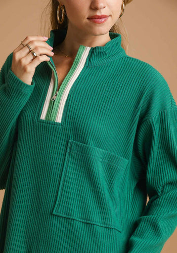 Umgee Half Zip Ribbed Knit Pullover Top in Palm Green