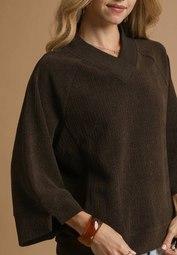 Umgee Solid Color Textured Knit Top in Chocolate