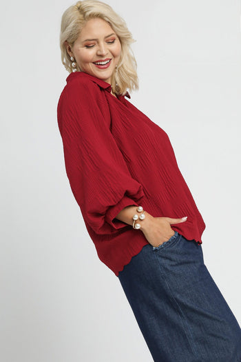 Umgee Solid Color Textured Top in Crimson