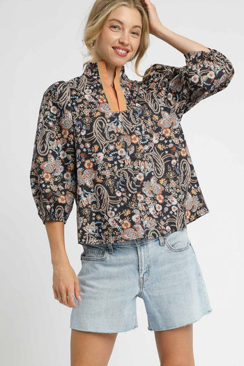 Umgee Mixed Floral Print Top in Black Mix