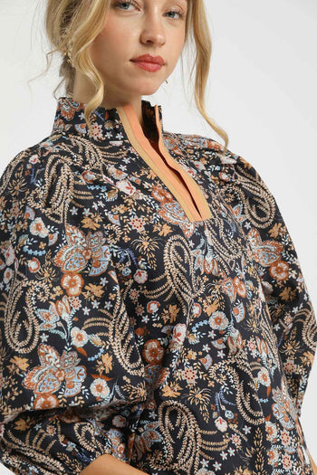 Umgee Mixed Floral Print Top in Black Mix