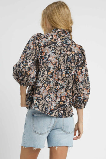 Umgee Mixed Floral Print Top in Black Mix
