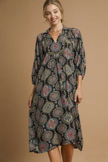 Umgee Boho Medallion Print Midi Dress in Black Mix