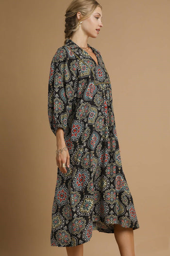Umgee Boho Medallion Print Midi Dress in Black Mix