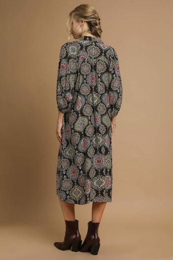Umgee Boho Medallion Print Midi Dress in Black Mix