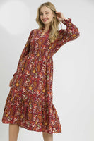 Umgee Exclusive Floral Print Midi Dress in Burgundy Mix