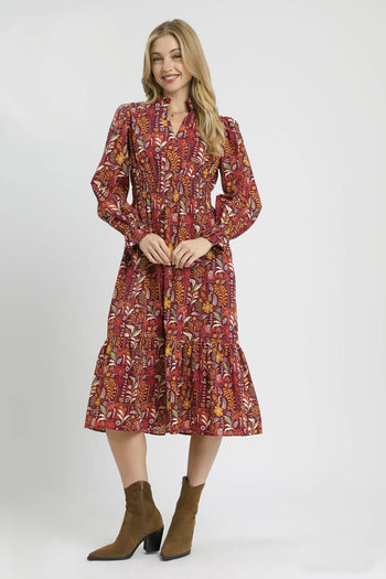 Umgee Exclusive Floral Print Midi Dress in Burgundy Mix