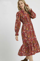 Umgee Exclusive Floral Print Midi Dress in Burgundy Mix