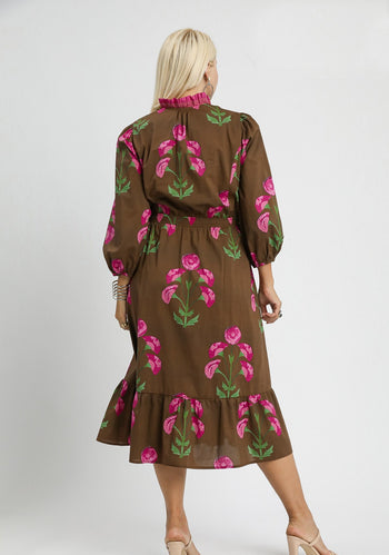 Umgee Floral Print Midi Dress in Brown Mix