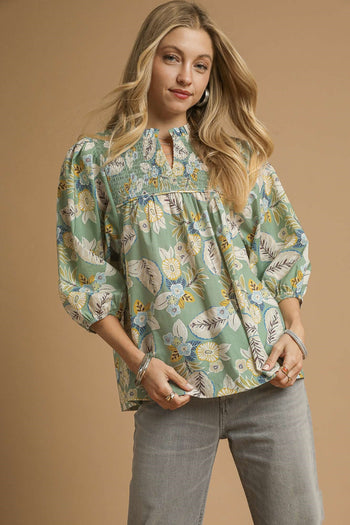 Umgee Mixed Floral Print Top in Sage Mix