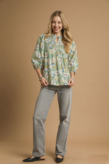Umgee Mixed Floral Print Top in Sage Mix