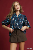 Umgee Mix Floral Button-Up Blouse with Pintuck Detail in Navy Mix