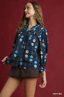Umgee Mix Floral Button-Up Blouse with Pintuck Detail in Navy Mix