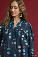 Umgee Mix Floral Button-Up Blouse with Pintuck Detail in Navy Mix
