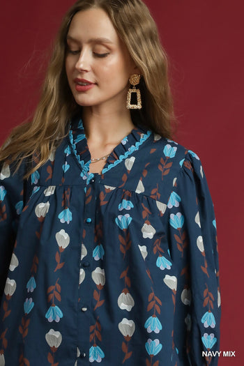 Umgee Mix Floral Button-Up Blouse with Pintuck Detail in Navy Mix