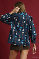 Umgee Mix Floral Button-Up Blouse with Pintuck Detail in Navy Mix