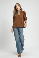 Umgee Textured Knit Top with Contrasting Stripe Details in Brown