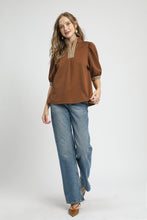 Load image into Gallery viewer, Umgee Textured Knit Top with Contrasting Stripe Details in Brown
