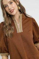 Umgee Textured Knit Top with Contrasting Stripe Details in Brown
