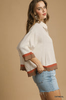 Umgee Colorblock Button-Down Top with Scallop Hem in Oatmeal