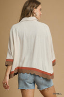 Umgee Colorblock Button-Down Top with Scallop Hem in Oatmeal