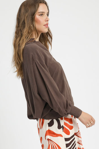 Umgee Solid Color Linen Blend Top in Ash Brown