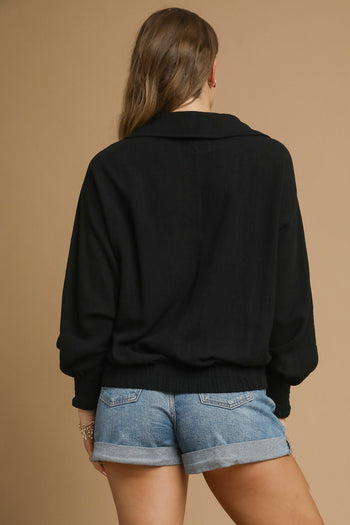 Umgee Solid Color Linen Blend Top in Black