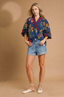 Umgee Floral Print Top with Contrasting Collar in Midnight Mix ON ORDER