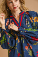 Umgee Floral Print Top with Contrasting Collar in Midnight Mix ON ORDER