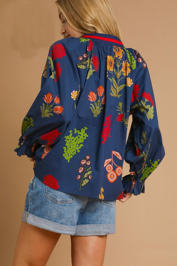 Umgee Floral Print Top with Contrasting Collar in Midnight Mix ON ORDER