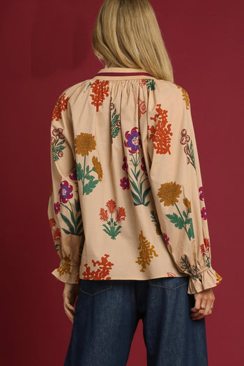 Umgee Floral Print Top with Contrasting Collar in Tan Mix