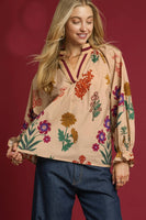 Umgee Floral Print Top with Contrasting Collar in Tan Mix