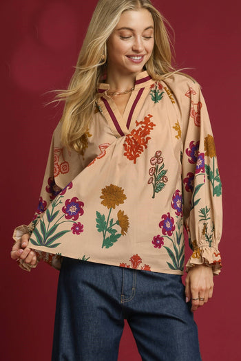 Umgee Floral Print Top with Contrasting Collar in Tan Mix