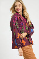 Umgee Floral Print Top with Contrasting Collar in Burgundy Mix