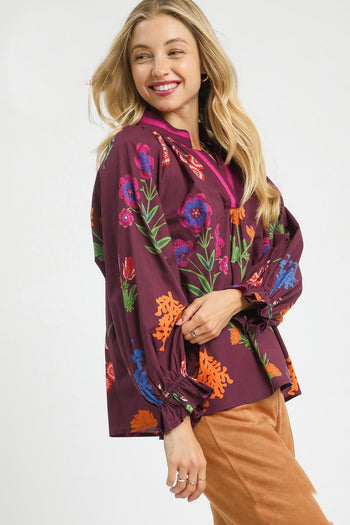Umgee Floral Print Top with Contrasting Collar in Burgundy Mix