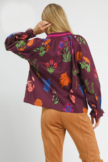 Umgee Floral Print Top with Contrasting Collar in Burgundy Mix