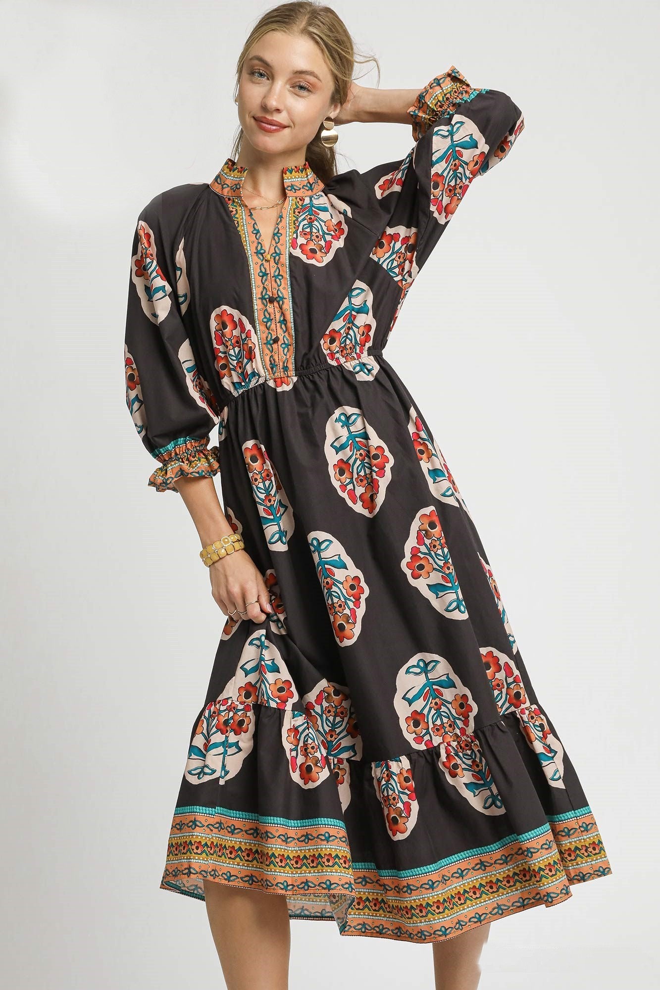 knee length dresses for ladies Plus Size Boho Floral Empire Waist Paisley Print Maxi Dress – Anna-Kaci