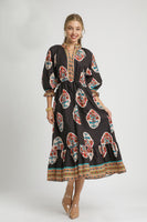 Umgee Flower Print with Contrasting Print Boarder Midi Dress in Chocolate Mix