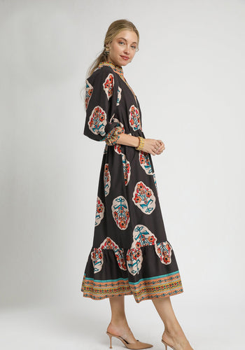 Umgee Flower Print with Contrasting Print Boarder Midi Dress in Chocolate Mix