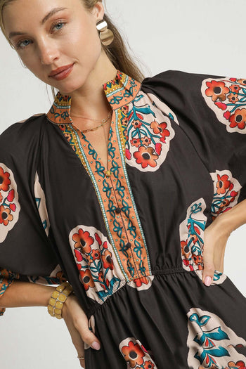 Umgee Flower Print with Contrasting Print Boarder Midi Dress in Chocolate Mix