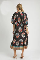 Umgee Flower Print with Contrasting Print Boarder Midi Dress in Chocolate Mix