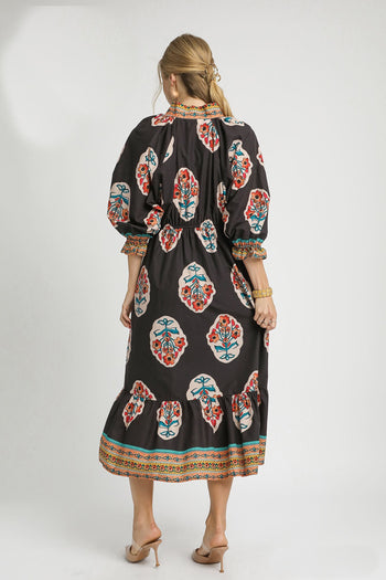 Umgee Flower Print with Contrasting Print Boarder Midi Dress in Chocolate Mix