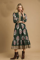 Umgee Flower Print with Contrasting Print Boarder Midi Dress in Palm Green Mix