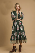 Load image into Gallery viewer, Umgee Flower Print with Contrasting Print Boarder Midi Dress in Palm Green Mix
