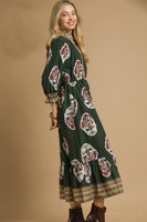 Umgee Flower Print with Contrasting Print Boarder Midi Dress in Palm Green Mix