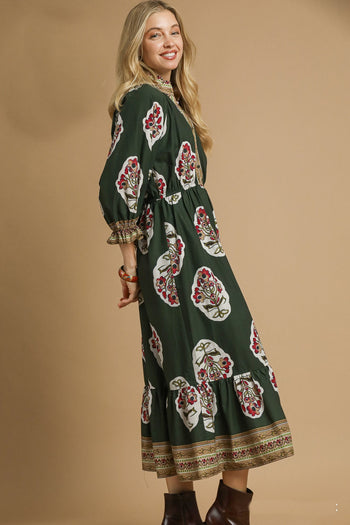 Umgee Flower Print with Contrasting Print Boarder Midi Dress in Palm Green Mix