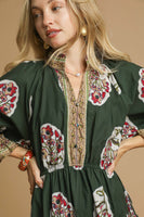 Umgee Flower Print with Contrasting Print Boarder Midi Dress in Palm Green Mix