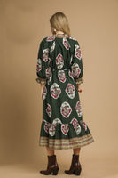 Umgee Flower Print with Contrasting Print Boarder Midi Dress in Palm Green Mix