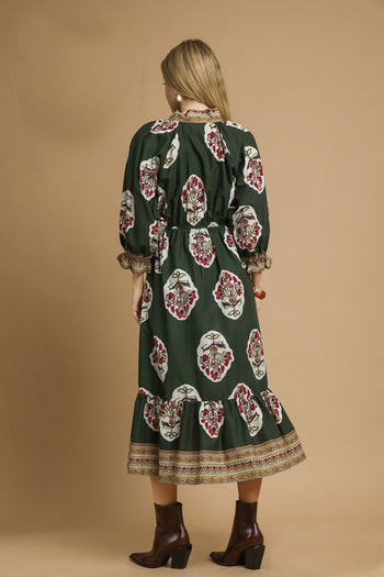 Umgee Flower Print with Contrasting Print Boarder Midi Dress in Palm Green Mix