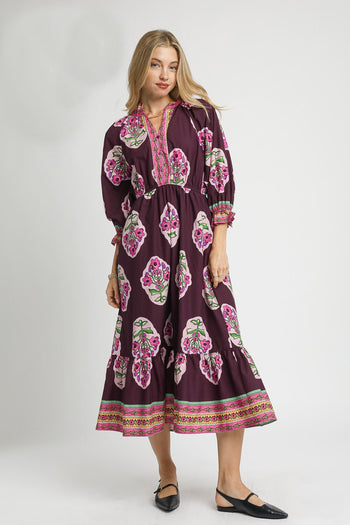 Umgee Flower Print with Contrasting Print Boarder Midi Dress in Plum Mix S Umgee Flower Print with Contrasting Print Boarder Midi Dress in Plum Mix S